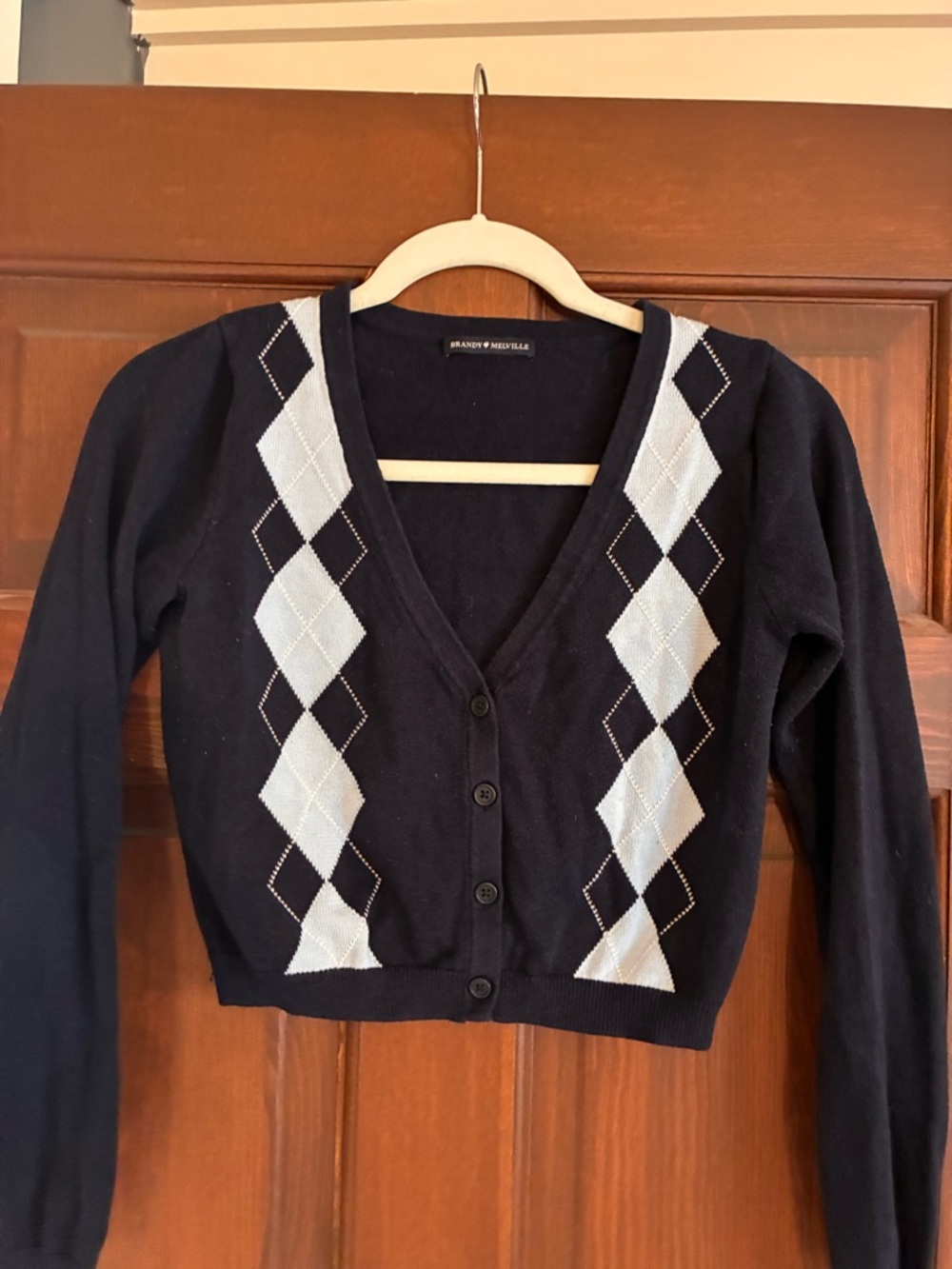 Brandy Melville Navy Cardigan with Light Blue Argyle